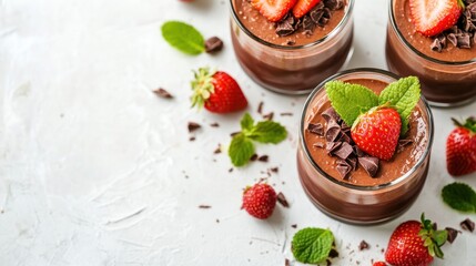 Three chocolate desserts topped with strawberries and mint leaves on a light background.