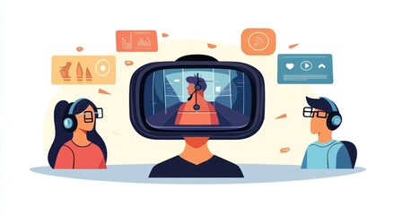 A person using a VR headset with two others engaged in virtual experiences.