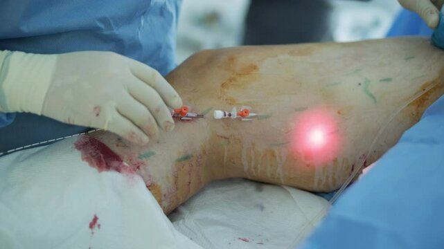 Leg Ulcer Wound in Treatment for Varicose Veins in Phlebology Procedure. Bonding of veins using bioglue