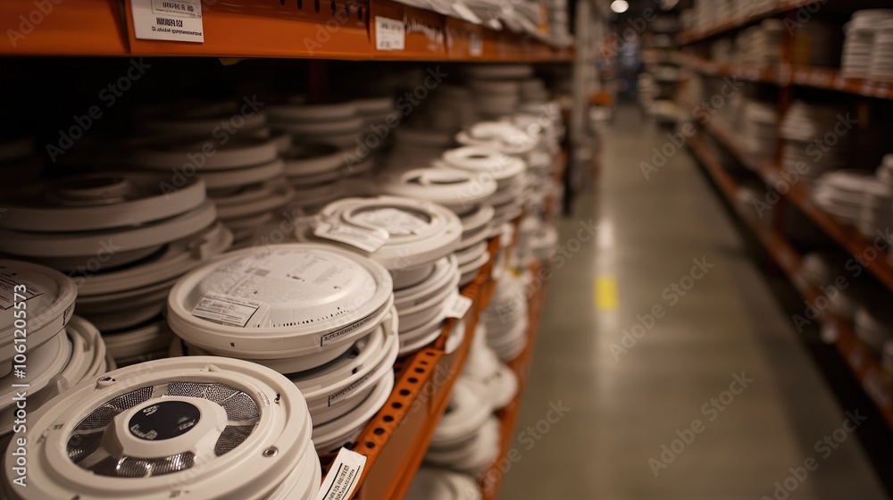 Wall mural smoke detectors on shelves in hardware store