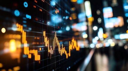 A digital stock market graph with fluctuating data and city lights in the background.