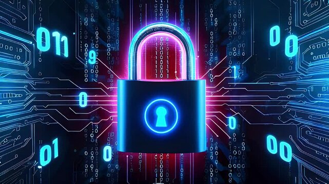 A glowing blue padlock on a circuit board with binary code in the background, representing cyber security.
