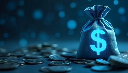 Glowing money bag with dollar sign on coins against blue digital background symbolizing wealth and financial success
