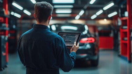 Automotive Technician Inspecting Car with Digital Tablet