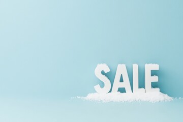 Minimalist white "Sale" text surrounded by snow on a pastel blue background, creating a fresh and cool winter-themed promotional design