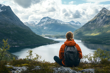 Woman relaxing alone travel in Norway adventure vacations healthy lifestyle backpacking Vesteralen landscape