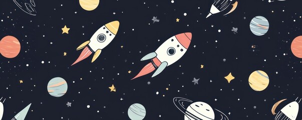 A whimsical space-themed design featuring rockets, planets, and stars on a dark background.