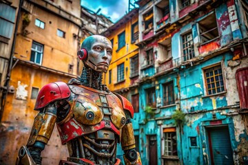Obraz premium Humanoid Robot in Urban Decay: Architectural Photography of a Futuristic Android with Peeling Paint Amidst an Abandoned Urban Environment