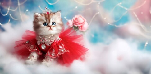 Cute little white kitten in a pink tutu on a background of clouds