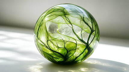 Green Glass Sphere with Intricate Veins - 3D Art
