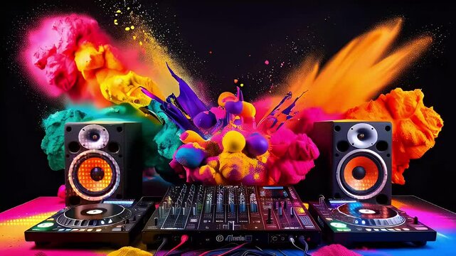 Colorful paint splatters surrounding a DJ mixer, speakers, and turntables.