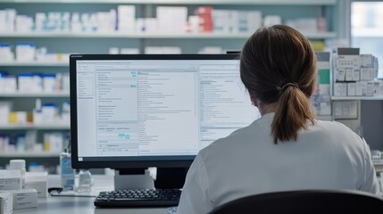 Pharmacist Examining Prescriptions on Computer in Pharmacy