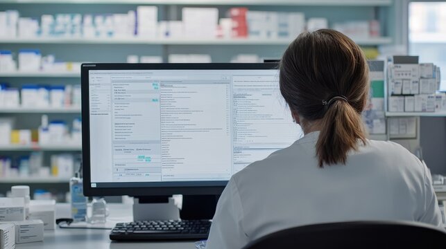 Pharmacist Examining Prescriptions on Computer in Pharmacy