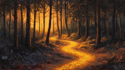 Fototapeta premium A serene forest path illuminated by golden light, inviting exploration and tranquility.