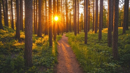 Fototapeta premium A serene forest path illuminated by a sunset, inviting exploration and tranquility.