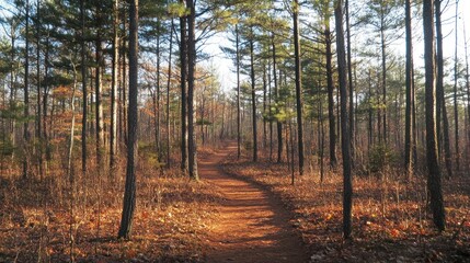 A winding dirt path through a serene forest with tall trees and autumn foliage.