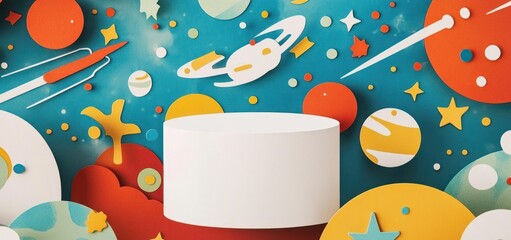 A colorful, abstract space-themed backdrop with a white cylindrical pedestal for display.