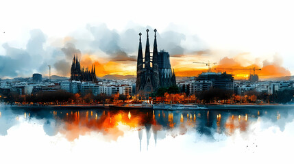 Fototapeta premium Cityscape Watercolor Illustration with Sunset Reflections