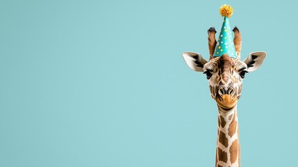 A cheerful giraffe wearing a party hat against a vibrant blue background.