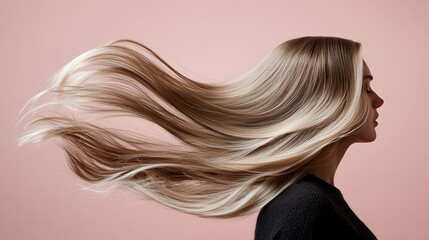 A woman with long, flowing hair against a soft pink background, capturing elegance and beauty in motion.
