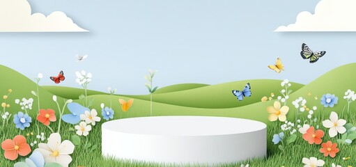 A serene landscape featuring flowers, butterflies, and a podium, ideal for presentations or events.