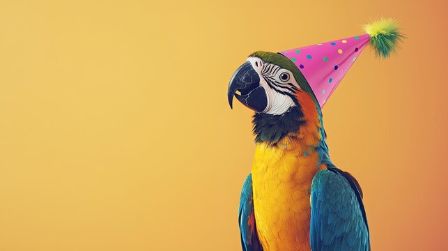 Colorful parrot wearing a festive party hat against a vibrant background.