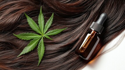 Naklejka premium Hair oil bottle with cannabis leaf on long, dark hair arranged on white background.