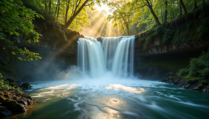 Majestic Forest Waterfall Illuminated by Golden Sunbeams Breaking Through Dense Canopy