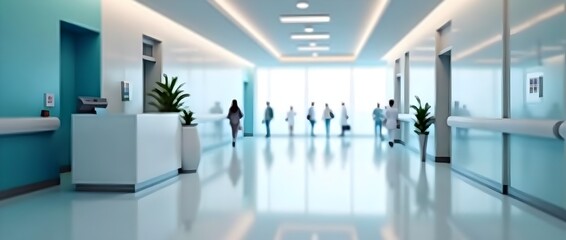Fototapeta premium bright hallway in a modern hospital, clean and well-lit hospital corridor with a reception desk in the foreground long, with a reception desk and a few people walking with copy space