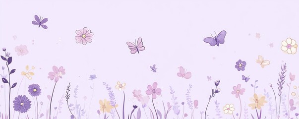 A pastel-colored illustration featuring butterflies and flowers against a light purple background.
