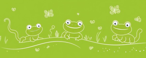 Obraz premium A playful illustration of three smiling frogs on a vibrant green background with butterflies.