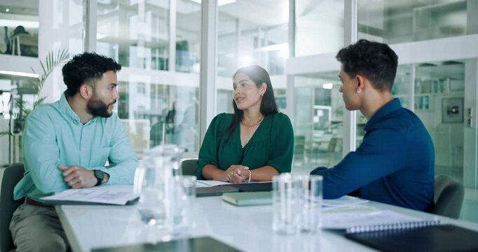 Office, meeting and documents for discussion, planning and erp notes with paperwork for report. Men, woman and team for business, proposal and collaboration for partnership or b2b project strategy