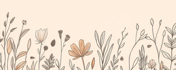 A minimalist illustration of various flowers and plants in soft colors on a light background.