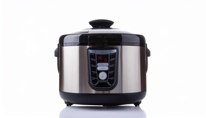 Fototapeta premium Rice Cooker on White Background Isolated. Full Shot of Kitchen Utensils.