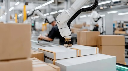 Automated assembly line with digital robotics, smart industry 40 concept