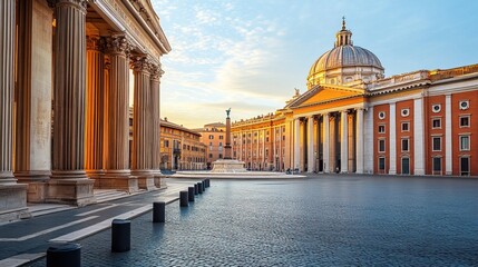 Naklejka premium Historic European city square with stone buildings, cobblestone streets, and a central fountain, soft golden hour lighting