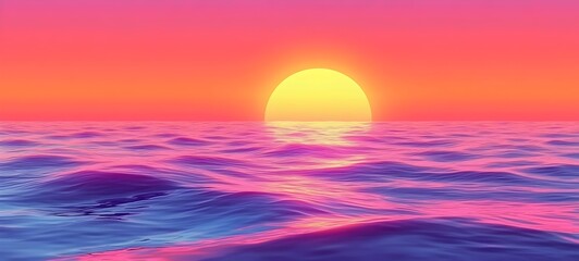 A vibrant sunset over calm ocean waves, showcasing a gradient of pink, orange, and purple hues, creating a serene and peaceful atmosphere.