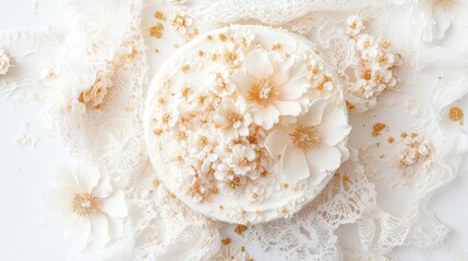 A beautifully decorated cake adorned with white flowers and golden accents.