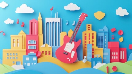 Colorful paper cityscape with a guitar, symbolizing music and creativity.