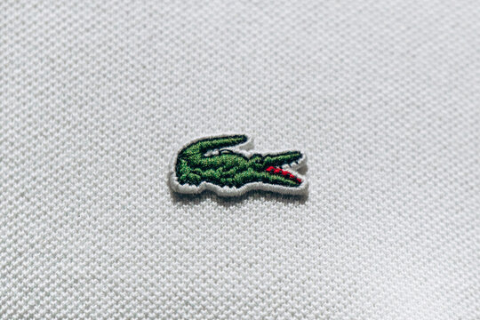 Bologna, Italy - October 6, 2024: A close-up of the famous crocodile embroidery on a Lacoste polo shirt