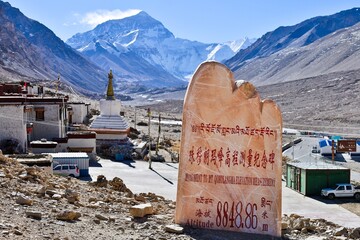Mount Everest Height Measurement Monument near Rongbuk Monastery with a breathtaking view of Mount...