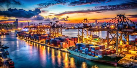 Fototapeta premium Long Exposure of Cargo Port Logistics with Container Ships Symbolizing Maritime Transport Efficiency and Engineering Innovation in the Shipping Industry