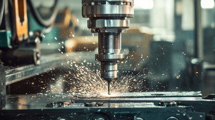 Modern drilling equipment in action, showcasing precision and power as sparks fly during machining process. This dynamic scene highlights efficiency of industrial technology