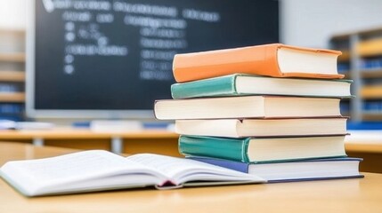 Stacked Textbooks in Classroom with Chalkboard