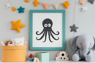A nursery room features a framed octopus art piece, surrounded by plush toys, a toy elephant, and geometric decorations, creating a cozy and whimsical atmosphere.