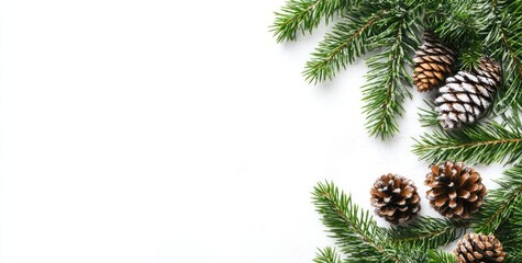 A festive arrangement of pine branches and cones on a white background.
