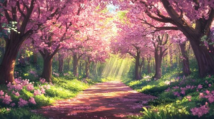 Naklejka premium A serene pathway lined with blooming cherry blossom trees, illuminated by soft sunlight.