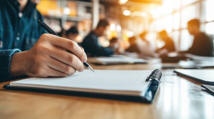 Student Writing in Classroom with Blurred Background