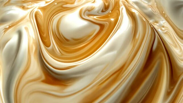 Whipped cream and caramel swirl together in a close-up shot, creating a beautiful, abstract pattern
