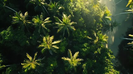 Aerial view of lush tropical palms and greenery, showcasing nature's beauty.